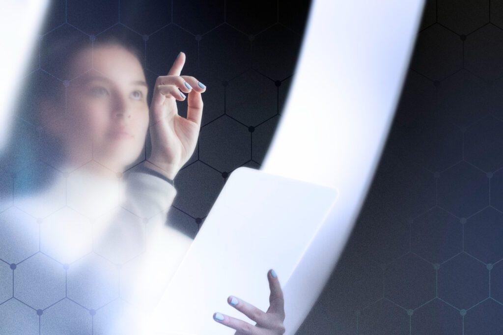 Artificial intelligence tools for digital marketing 3 Large transparent presentation screen in a research center