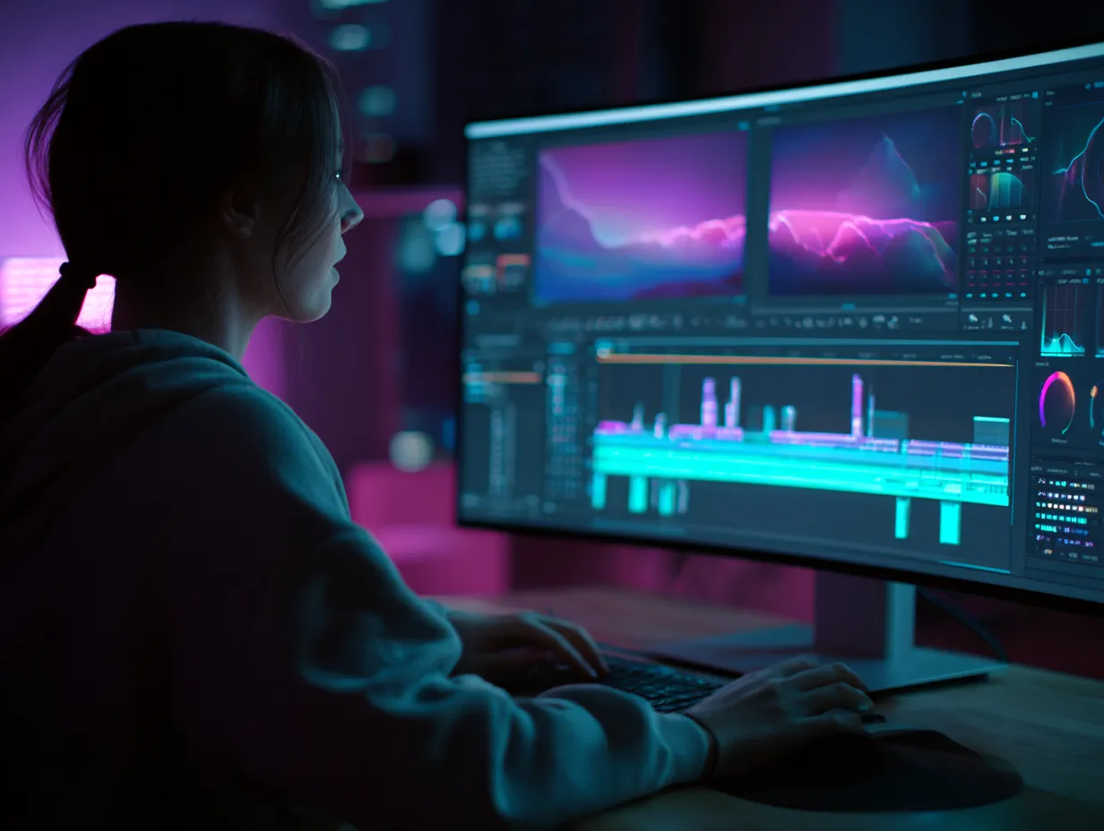 Persona editando videos en ordenador con software profesional, creaci&oacute;n de contenido audiovisual en agencia de marketing en Sant Cugat, Barcelona.