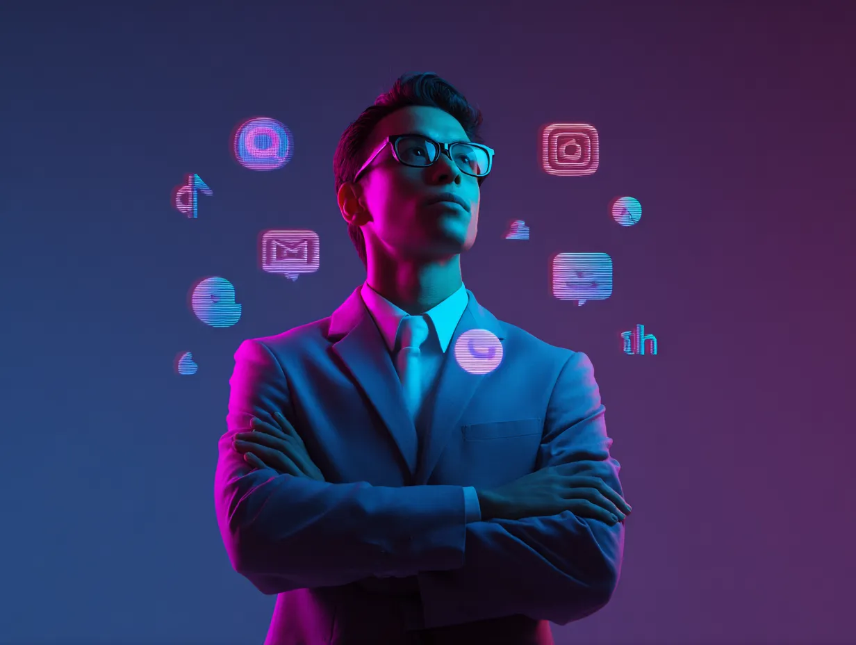 Persona interactuando con redes sociales desde el m&oacute;vil, con iconos de me gusta, comentarios y emojis, representaci&oacute;n de social media marketing en agencia de Sant Cugat, Barcelona.