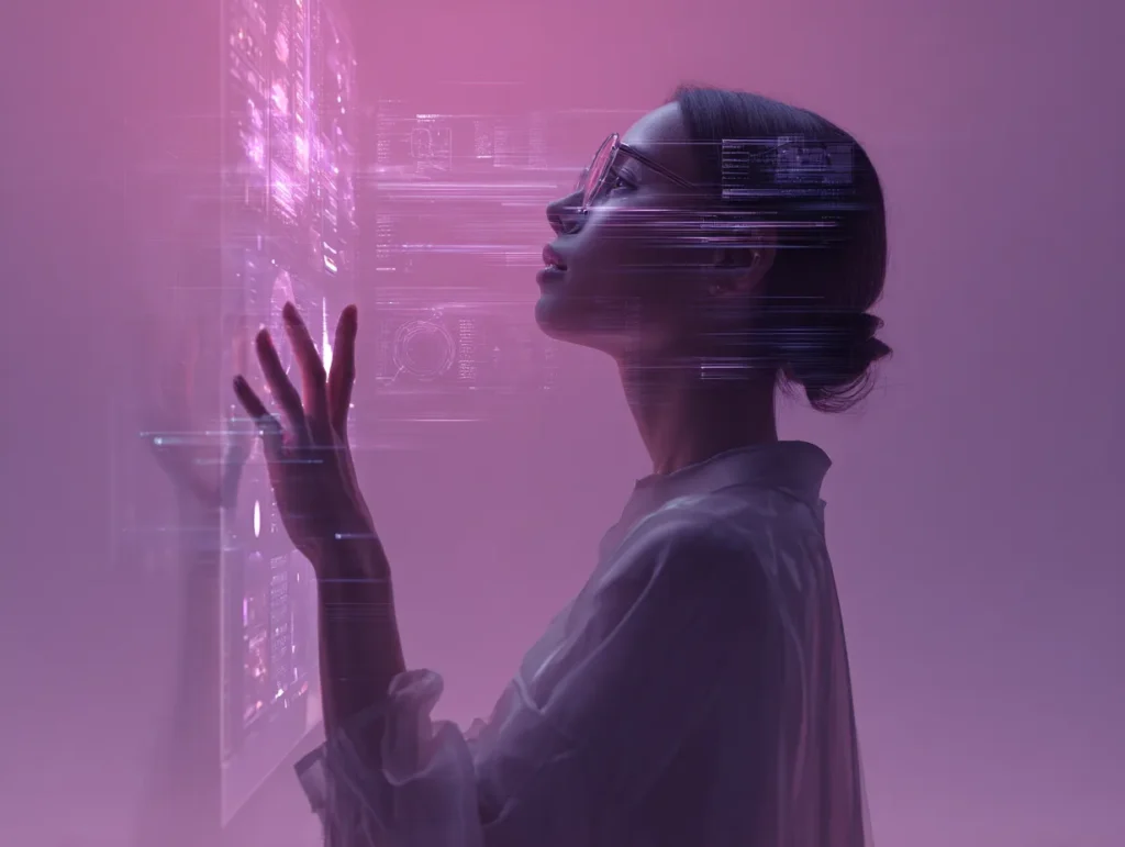 Herramientas de inteligencia artificial para marketing digital 2 Gran pantalla de presentación transparente en un centro de investigación