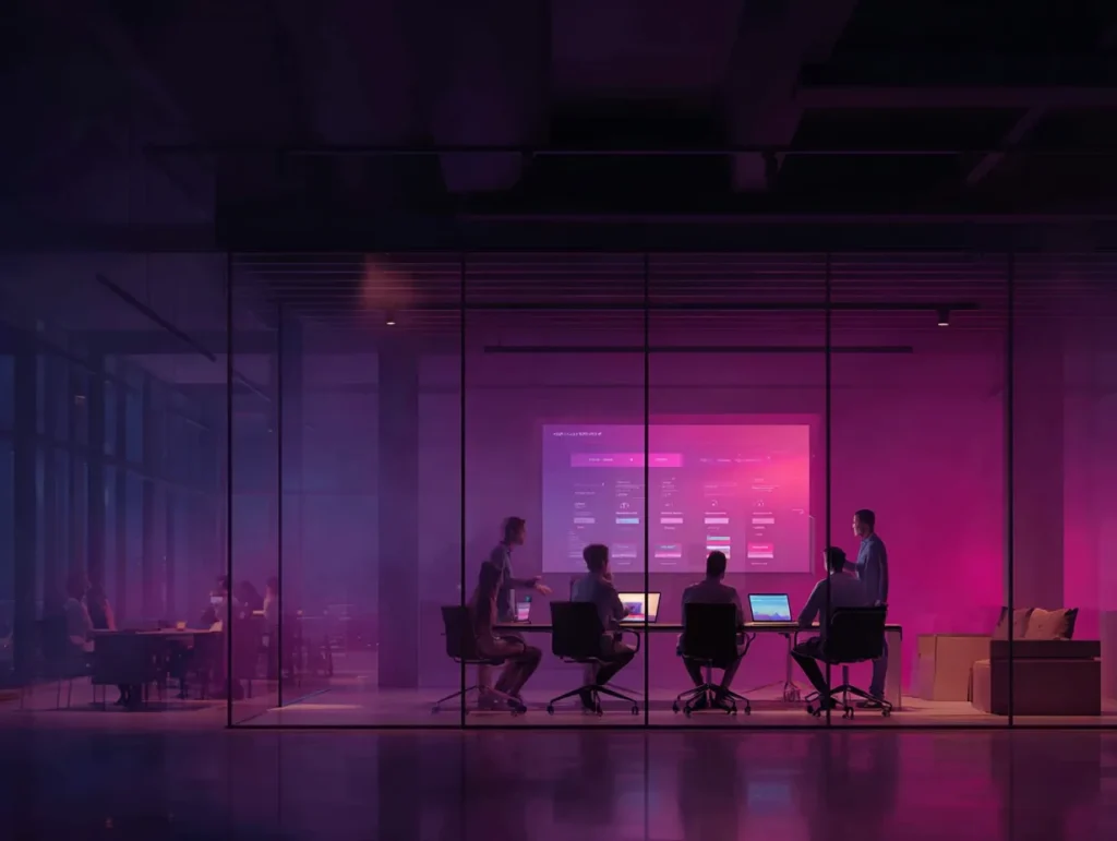 Estrategias digitales personalizadas para empresas medianas 1 equipo en la oficina de negocios, mirando gráficos en la pantalla de la computadora portátil